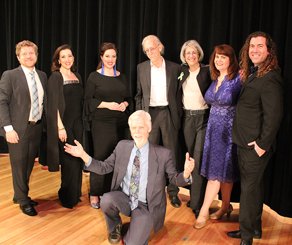 Cast members from Part 1 of the chamber opera about Elyn Saks' life, with Elyn Saks (third from right), Saks' husband Will Vinet (fourth from right) and Kenneth Wells (front), who created the opera with Saks